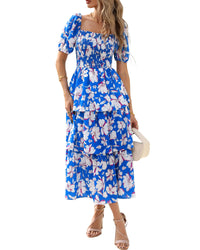 BTFBM Womens Square Neck Smocked Dress Summer Puff Short Sleeve Floral Casual Ruffle Tiered Maxi Wedding Guest Dresses - 7DAY'S