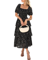 BTFBM Womens Square Neck Smocked Dress Summer Puff Short Sleeve Floral Casual Ruffle Tiered Maxi Wedding Guest Dresses - 7DAY'S