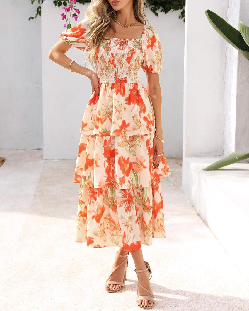 BTFBM Womens Square Neck Smocked Dress Summer Puff Short Sleeve Floral Casual Ruffle Tiered Maxi Wedding Guest Dresses - 7DAY'S