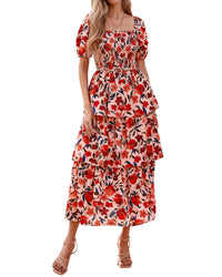 BTFBM Womens Square Neck Smocked Dress Summer Puff Short Sleeve Floral Casual Ruffle Tiered Maxi Wedding Guest Dresses - 7DAY'S