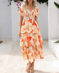 BTFBM Womens Square Neck Smocked Dress Summer Puff Short Sleeve Floral Casual Ruffle Tiered Maxi Wedding Guest Dresses - 7DAY'S