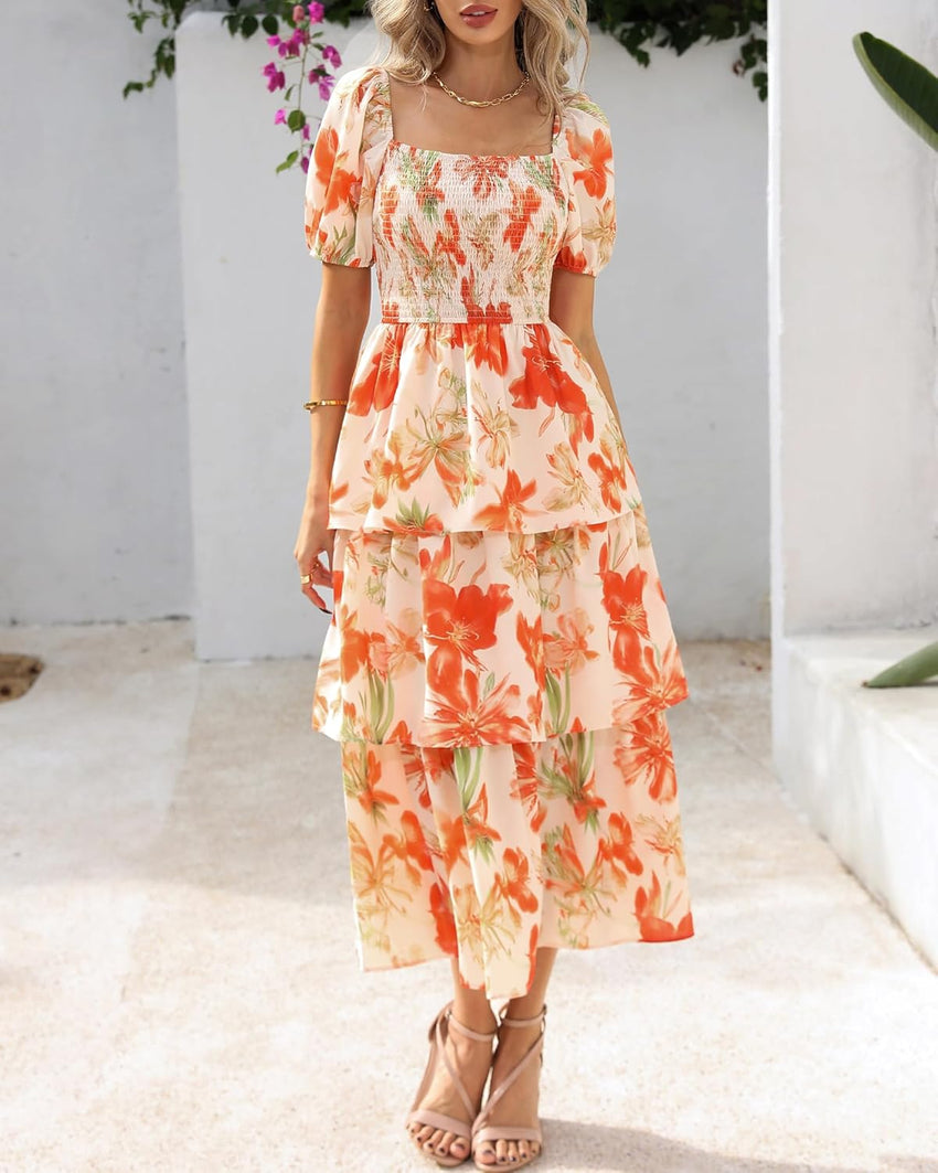 BTFBM Womens Square Neck Smocked Dress Summer Puff Short Sleeve Floral Casual Ruffle Tiered Maxi Wedding Guest Dresses - 7DAY'S