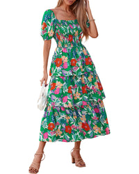 BTFBM Womens Square Neck Smocked Dress Summer Puff Short Sleeve Floral Casual Ruffle Tiered Maxi Wedding Guest Dresses - 7DAY'S
