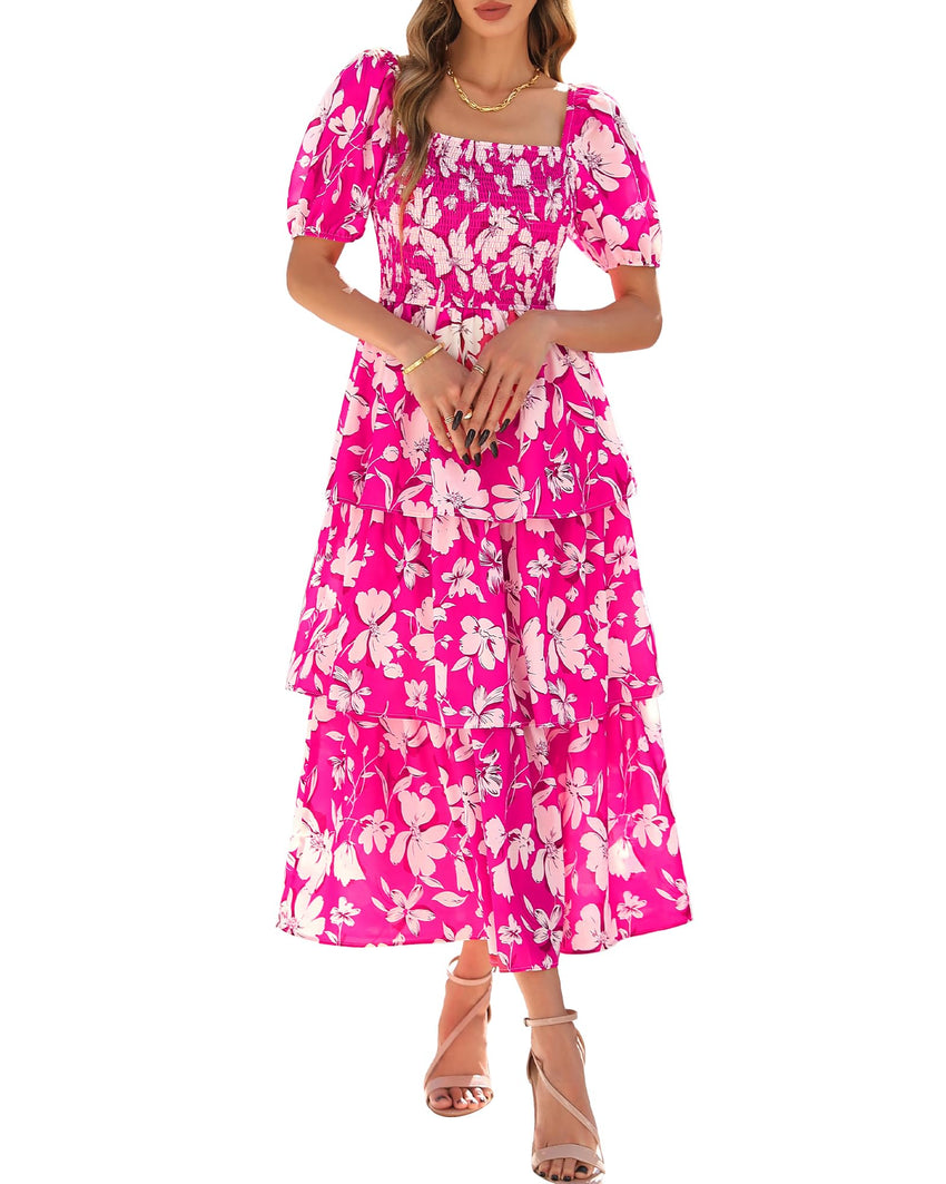 BTFBM Womens Square Neck Smocked Dress Summer Puff Short Sleeve Floral Casual Ruffle Tiered Maxi Wedding Guest Dresses - 7DAY'S