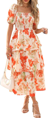 BTFBM Womens Square Neck Smocked Dress Summer Puff Short Sleeve Floral Casual Ruffle Tiered Maxi Wedding Guest Dresses - 7DAY'S
