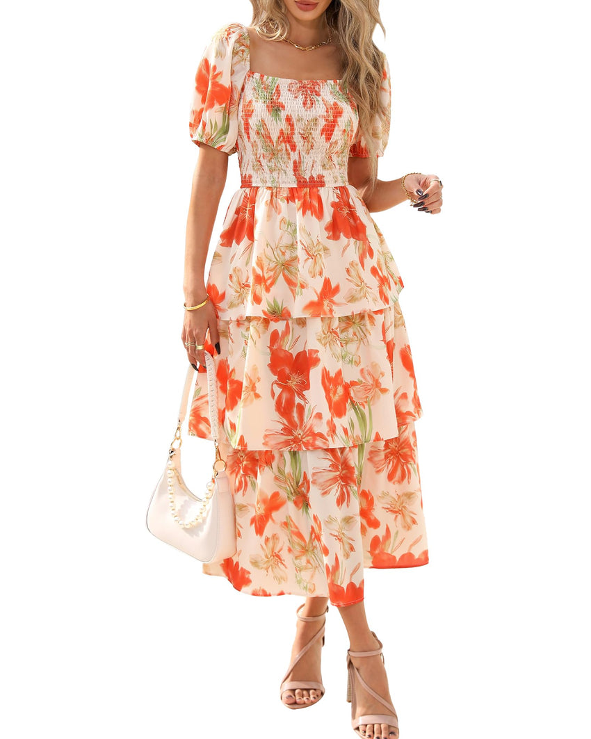 BTFBM Womens Square Neck Smocked Dress Summer Puff Short Sleeve Floral Casual Ruffle Tiered Maxi Wedding Guest Dresses - 7DAY'S