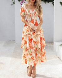 BTFBM Womens Square Neck Smocked Dress Summer Puff Short Sleeve Floral Casual Ruffle Tiered Maxi Wedding Guest Dresses - 7DAY'S