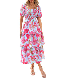 BTFBM Womens Square Neck Smocked Dress Summer Puff Short Sleeve Floral Casual Ruffle Tiered Maxi Wedding Guest Dresses - 7DAY'S