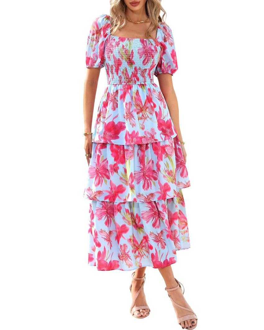 BTFBM Womens Square Neck Smocked Dress Summer Puff Short Sleeve Floral Casual Ruffle Tiered Maxi Wedding Guest Dresses - 7DAY'S