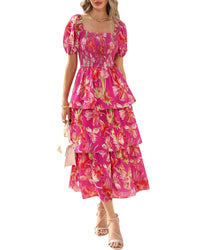 BTFBM Womens Square Neck Smocked Dress Summer Puff Short Sleeve Floral Casual Ruffle Tiered Maxi Wedding Guest Dresses - 7DAY'S