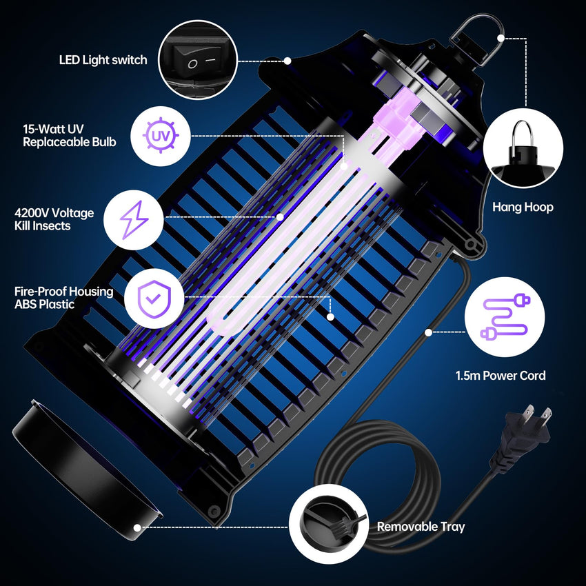 Bug Zapper Indoor, Fly Zappers Electric Mosquitoes Insect Gant Fruit Flies Moth Traps with 4200V for Home Living Room Bedroom Kitchen Backyard Patio Garage Office Camping - 7DAY'S