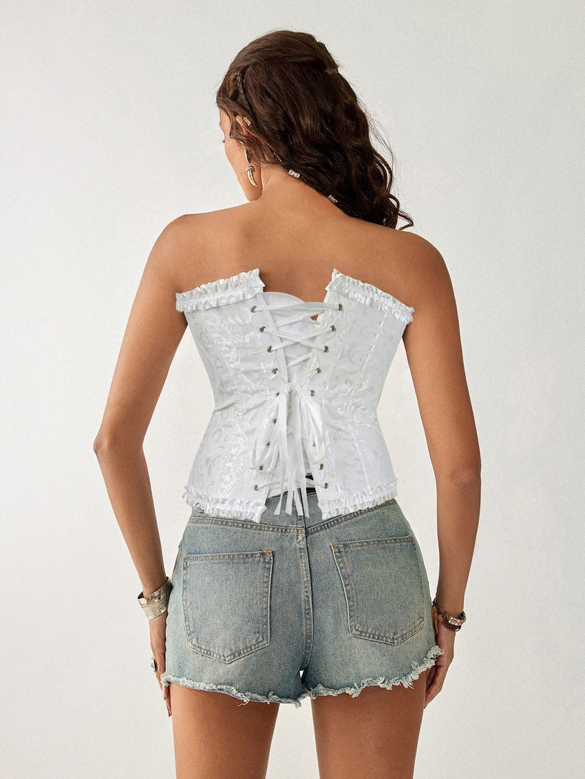 Bustier Corset Tops for Women Overbust Lace Up Date Night Outfit Strapless Steel Boned Going Out Holiday Party Rave Valentine Tank Tops - 7DAY'S