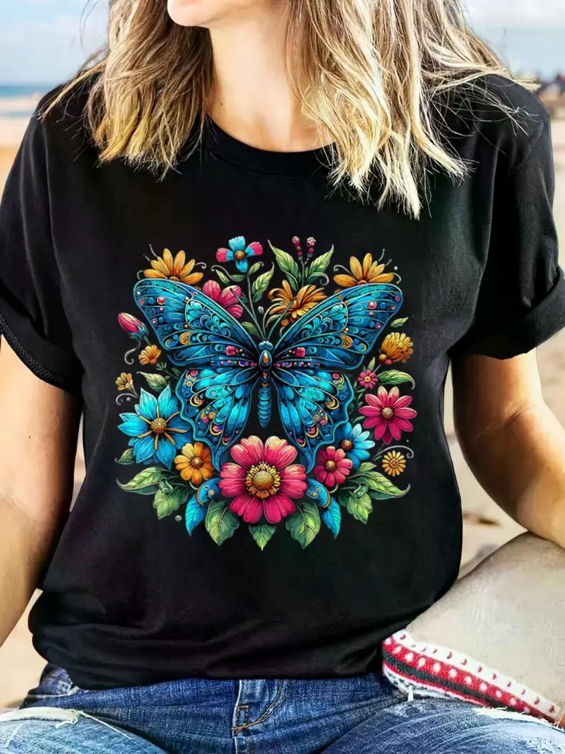 Butterfly With Flowers Aesthetic Butterfly T-Shirt Casual Short Sleeve Top For Spring & Summer, Women'S Clothing - 7DAY'S