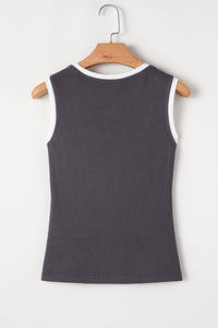 Carbon Grey Ribbed Knit Contrast Edge U Neck Slim Fit Tank Top - 7DAY'S