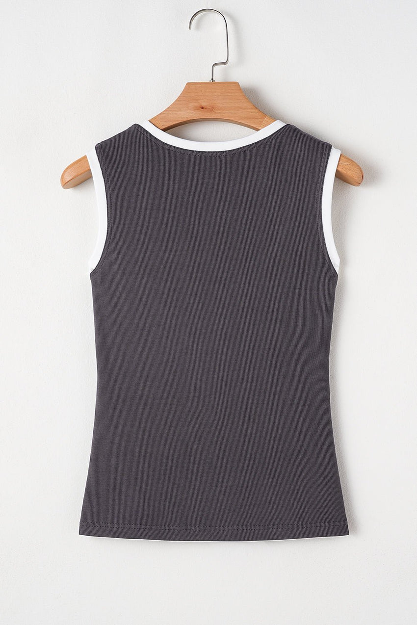 Carbon Grey Ribbed Knit Contrast Edge U Neck Slim Fit Tank Top - 7DAY'S