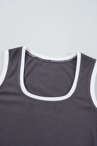 Carbon Grey Ribbed Knit Contrast Edge U Neck Slim Fit Tank Top - 7DAY'S