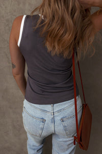 Carbon Grey Ribbed Knit Contrast Edge U Neck Slim Fit Tank Top - 7DAY'S
