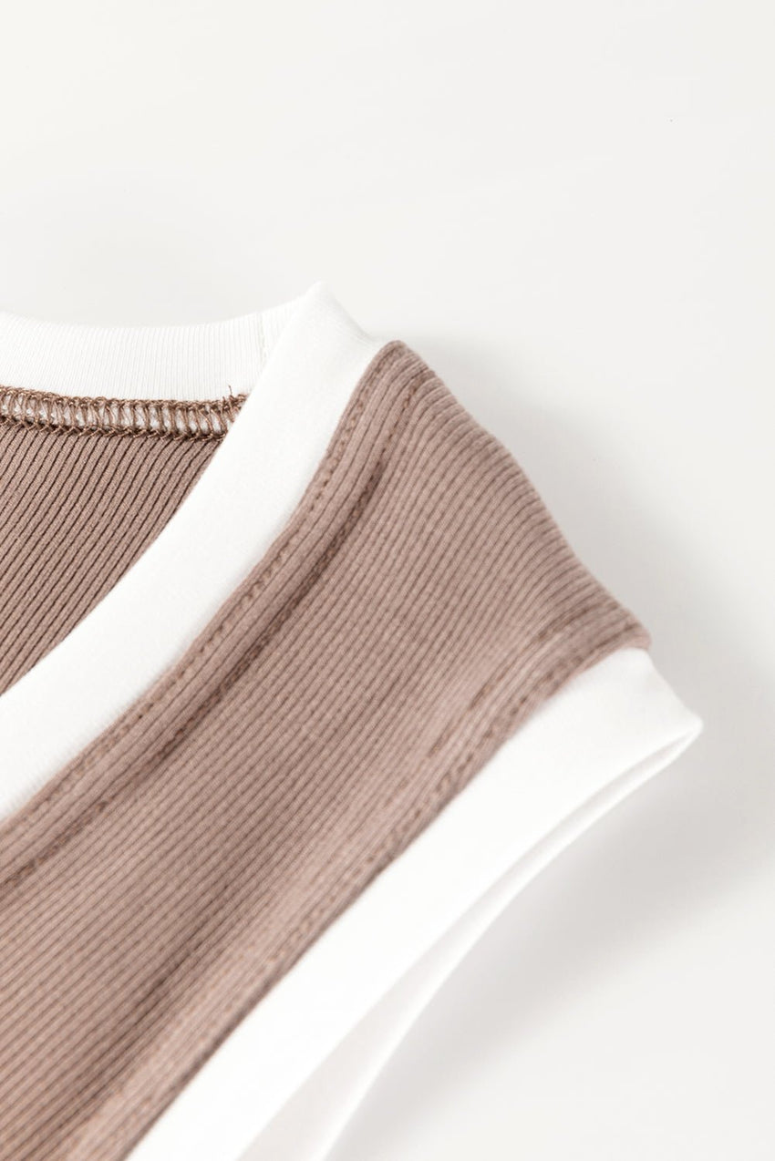 Carbon Grey Ribbed Knit Contrast Edge U Neck Slim Fit Tank Top - 7DAY'S