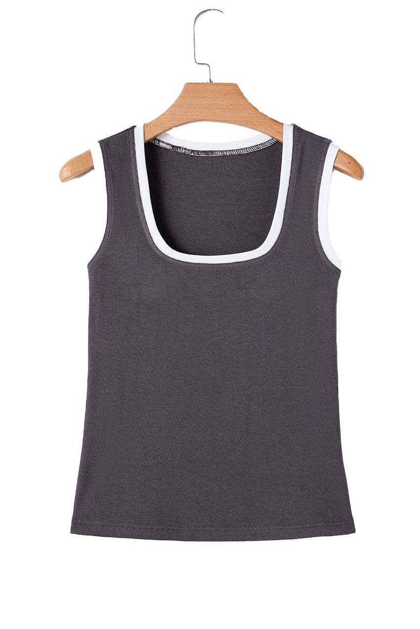 Carbon Grey Ribbed Knit Contrast Edge U Neck Slim Fit Tank Top - 7DAY'S