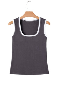Carbon Grey Ribbed Knit Contrast Edge U Neck Slim Fit Tank Top - 7DAY'S