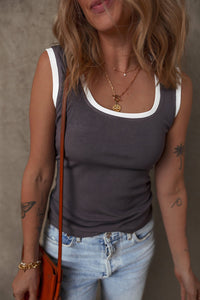 Carbon Grey Ribbed Knit Contrast Edge U Neck Slim Fit Tank Top - 7DAY'S