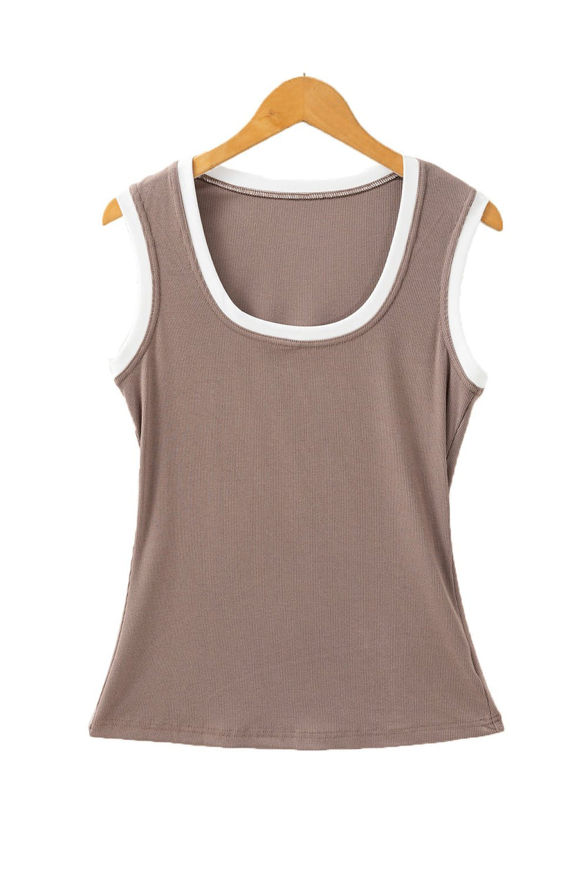 Carbon Grey Ribbed Knit Contrast Edge U Neck Slim Fit Tank Top - 7DAY'S