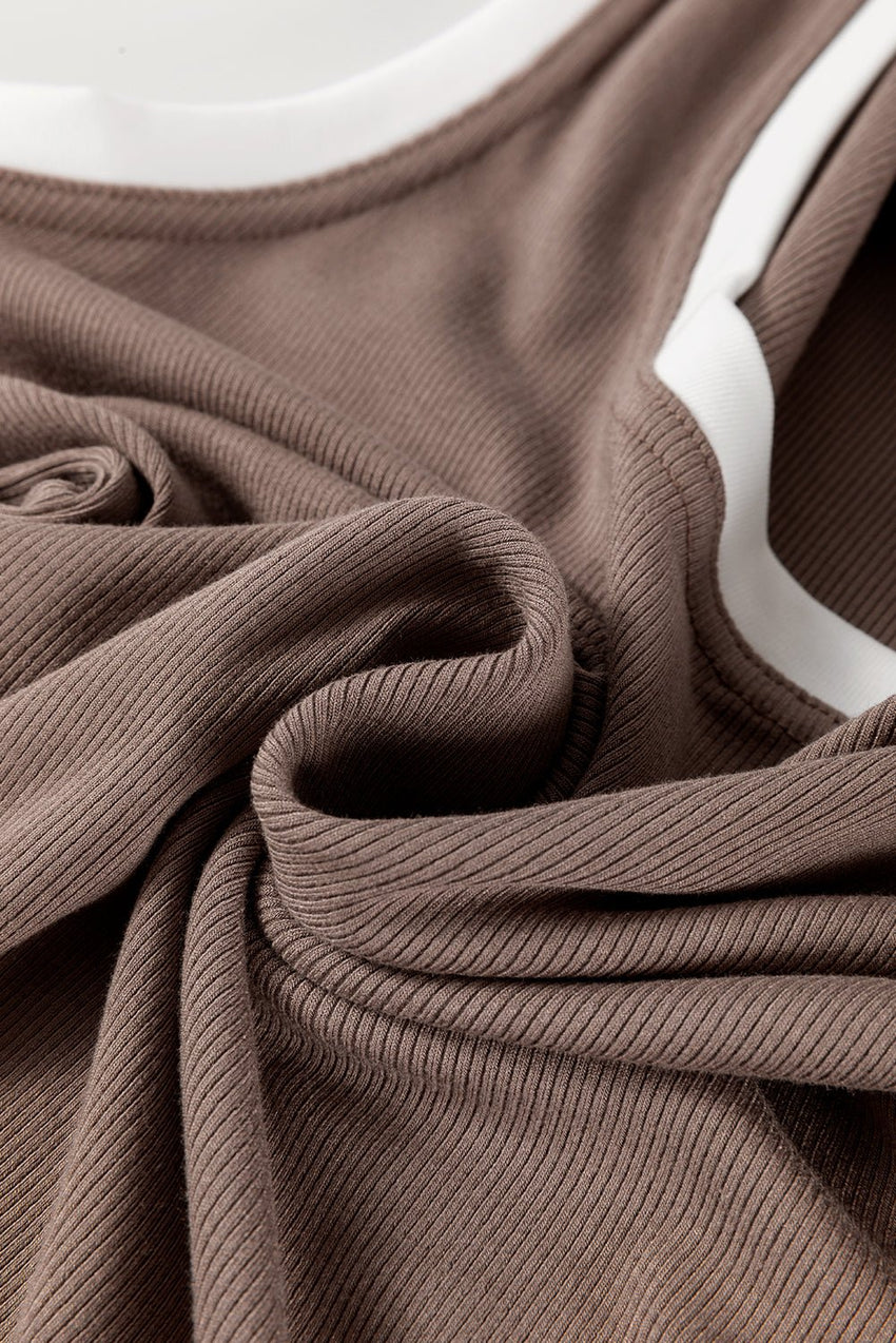 Carbon Grey Ribbed Knit Contrast Edge U Neck Slim Fit Tank Top - 7DAY'S