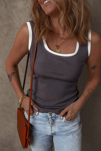 Carbon Grey Ribbed Knit Contrast Edge U Neck Slim Fit Tank Top - 7DAY'S