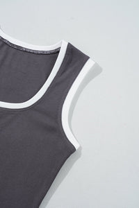 Carbon Grey Ribbed Knit Contrast Edge U Neck Slim Fit Tank Top - 7DAY'S