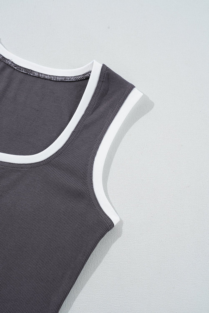 Carbon Grey Ribbed Knit Contrast Edge U Neck Slim Fit Tank Top - 7DAY'S