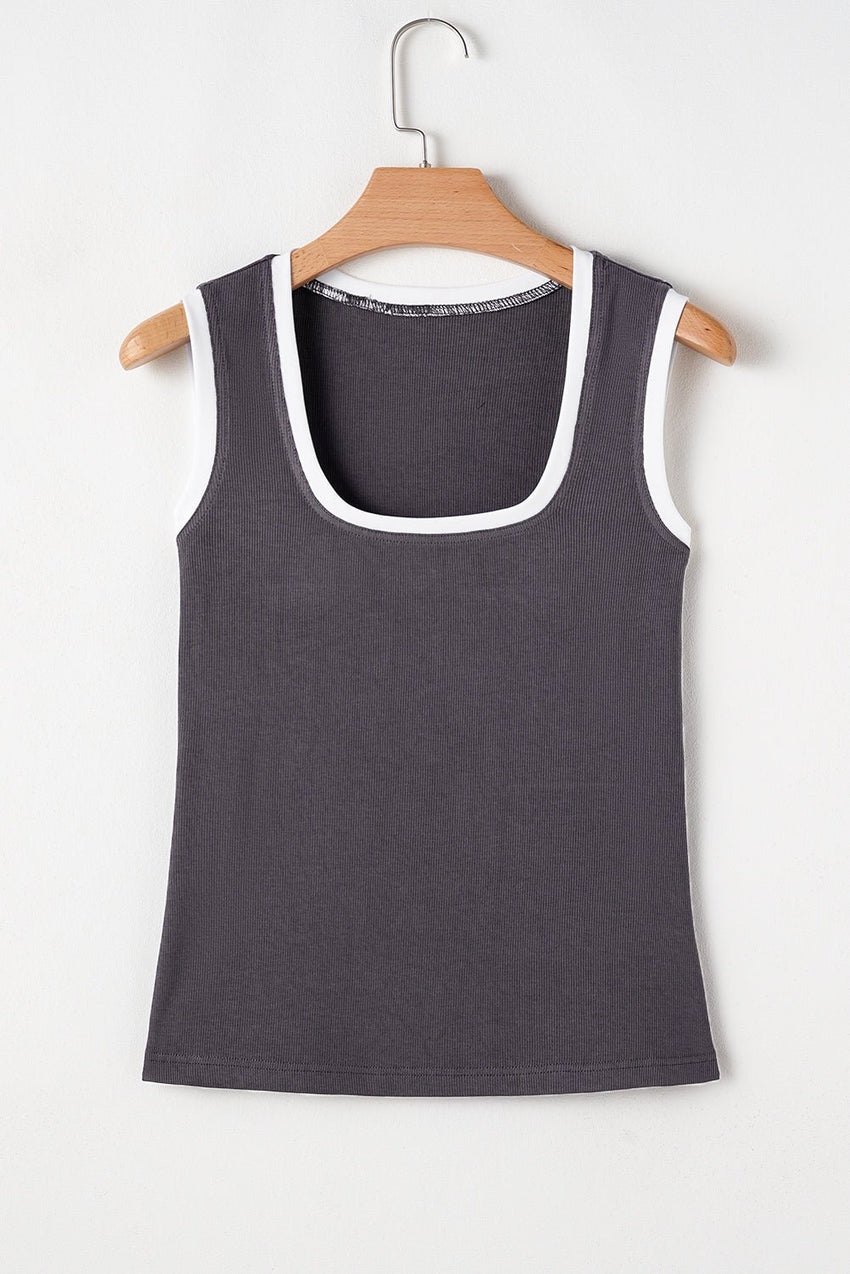 Carbon Grey Ribbed Knit Contrast Edge U Neck Slim Fit Tank Top - 7DAY'S