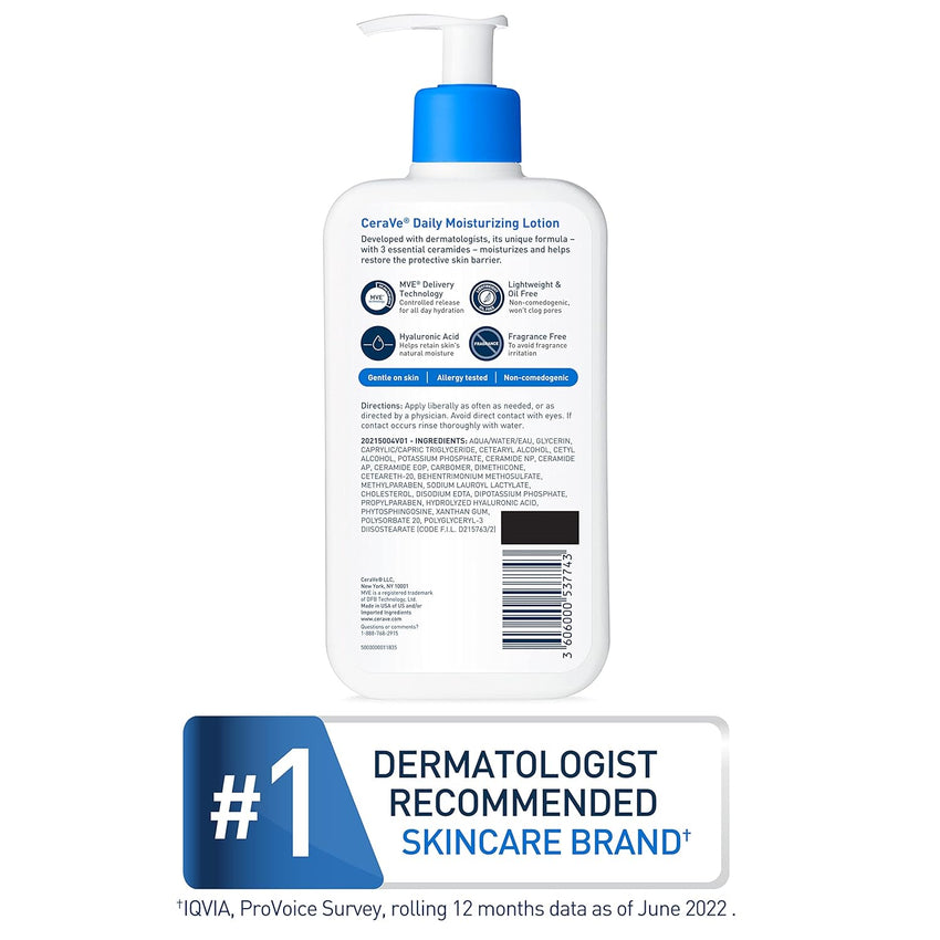 CeraVe Daily Moisturizing Lotion for Dry Skin, Body Lotion & Face Moisturizer with Hyaluronic Acid and Ceramides, Daily Moisturizer, Fragrance Free, Oil - Free, 19 Ounce - 7DAY'S