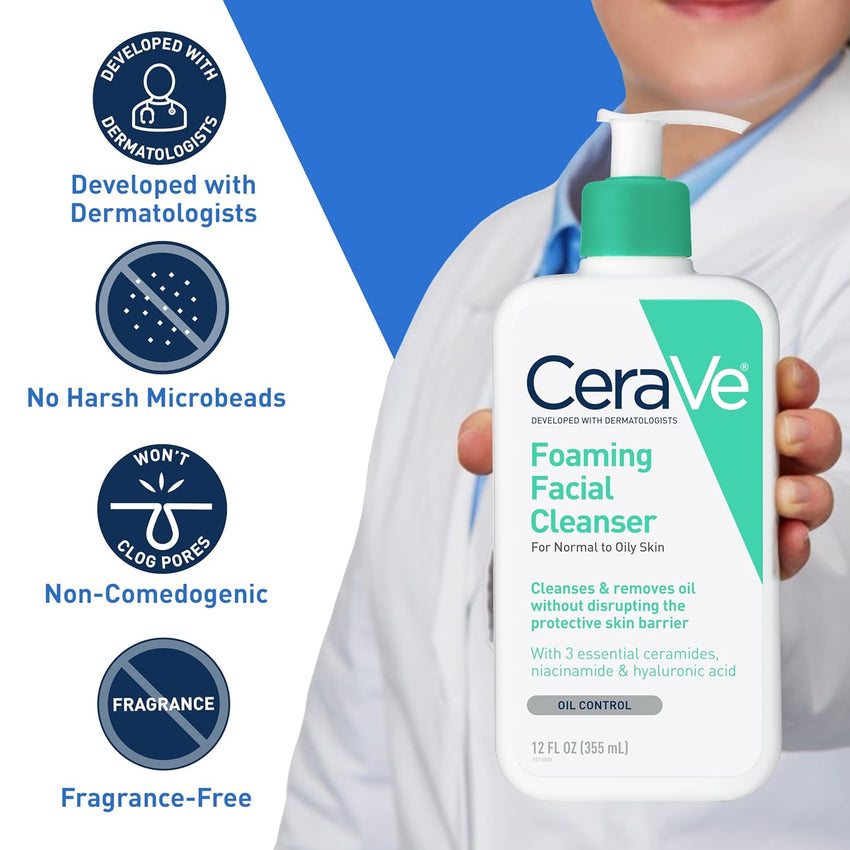 CeraVe Foaming Facial Cleanser, Daily Face Wash for Oily Skin, Hyaluronic Acid + Ceramides + Niacinamide, Fragrance Free & Paraben Free, Non - Drying Oil Control Face Wash, 16 Fluid Ounces - 7DAY'S