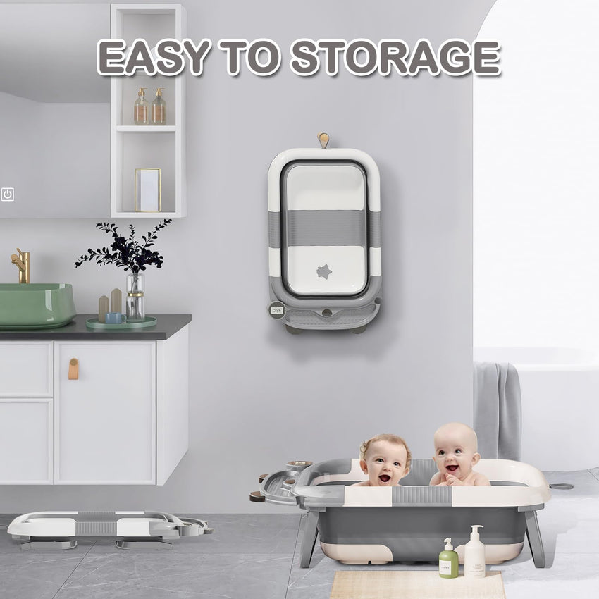 Collapsible Baby Bathtub for Newborn with Real - time Temp Monitor + Soft Floating Cushion Durable Foldable Baby Tubs for Infants to Toddler, Portable Travel Bathtub with Drain Hole Grey - 7DAY'S