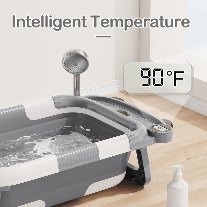 Collapsible Baby Bathtub for Newborn with Real - time Temp Monitor + Soft Floating Cushion Durable Foldable Baby Tubs for Infants to Toddler, Portable Travel Bathtub with Drain Hole Grey - 7DAY'S