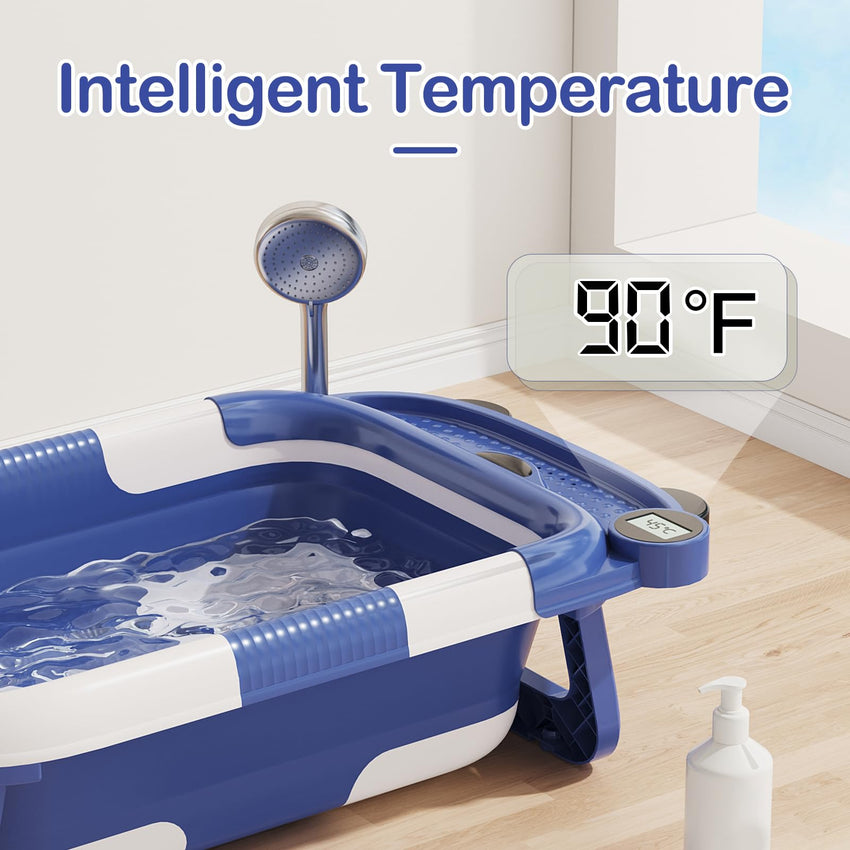 Collapsible Baby Bathtub for Newborn with Real - time Temp Monitor + Soft Floating Cushion Durable Foldable Baby Tubs for Infants to Toddler, Portable Travel Bathtub with Drain Hole Grey - 7DAY'S