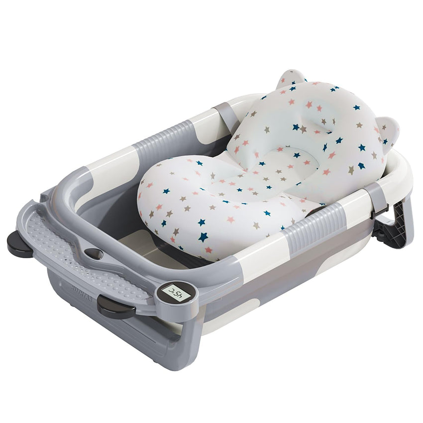 Collapsible Baby Bathtub for Newborn with Real - time Temp Monitor + Soft Floating Cushion Durable Foldable Baby Tubs for Infants to Toddler, Portable Travel Bathtub with Drain Hole Grey - 7DAY'S