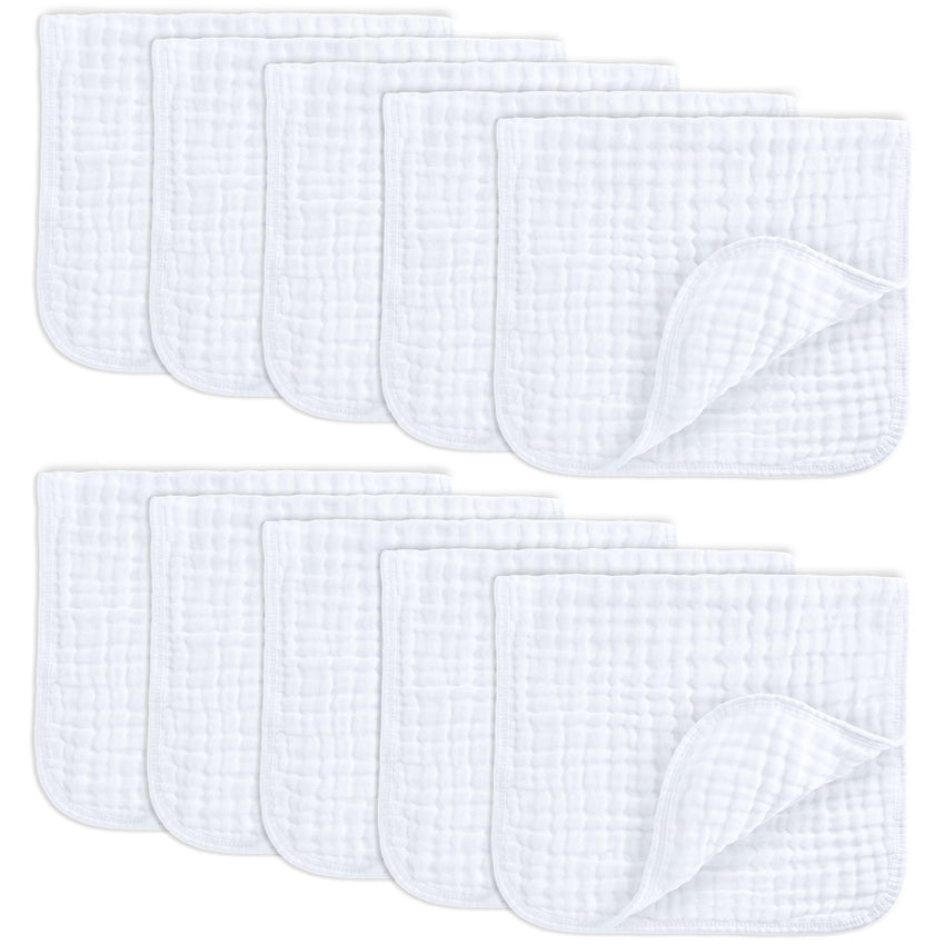 Comfy Cubs Muslin Burp Cloths 20" x 10", Pack of 10 - Large, 6 - Layer, Ultra Absorbent 100% Cotton for Baby Drool and Messes - Soft, Safe & Gentle Baby Burp Cloths for Boys & Girls - Multi - 7DAY'S
