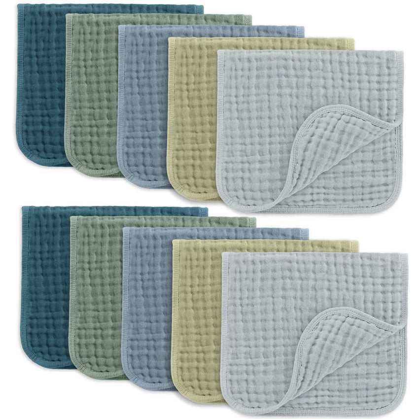 Comfy Cubs Muslin Burp Cloths 20" x 10", Pack of 10 - Large, 6 - Layer, Ultra Absorbent 100% Cotton for Baby Drool and Messes - Soft, Safe & Gentle Baby Burp Cloths for Boys & Girls - Multi - 7DAY'S