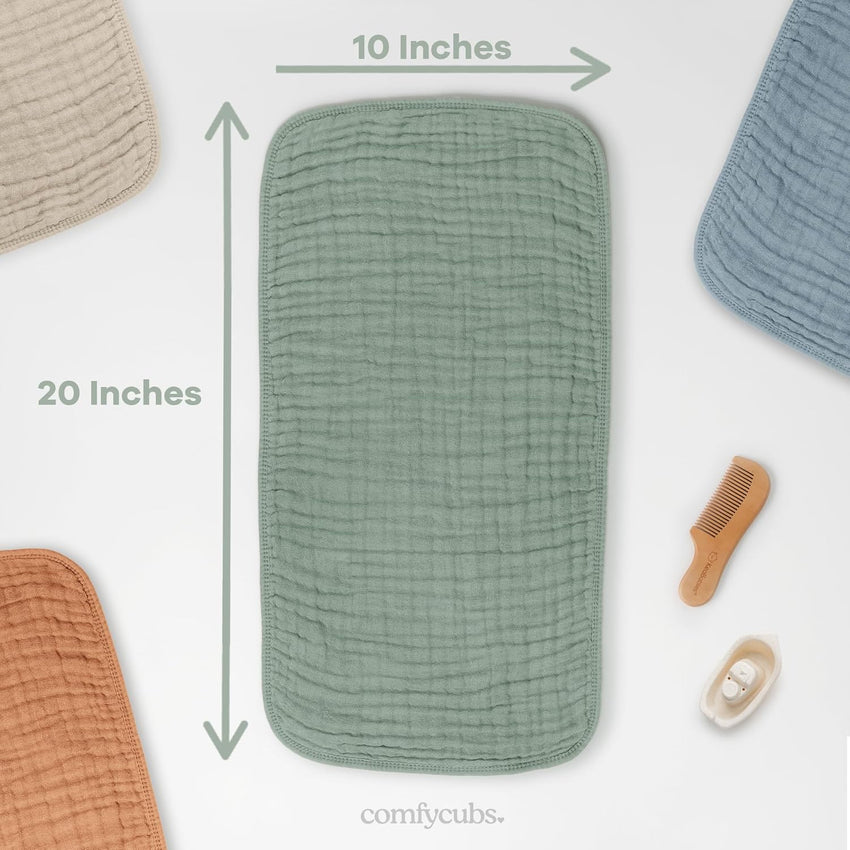 Comfy Cubs Muslin Burp Cloths 20" x 10", Pack of 10 - Large, 6 - Layer, Ultra Absorbent 100% Cotton for Baby Drool and Messes - Soft, Safe & Gentle Baby Burp Cloths for Boys & Girls - Multi - 7DAY'S
