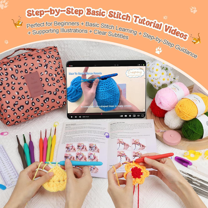Coopay Crochet Kit Beginners Crochet Hook Set with Crochet Yarn,58PCS Portable Crochet Set Ergonomic Crochet Hooks Travel Knitting Crochet Supplies - 7DAY'S