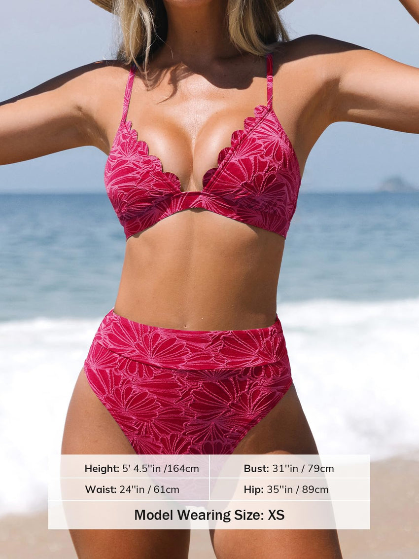 CUPSHE Bikini Set for Women Bathing Suit High Waisted Scalloped V Neck Two Pieces Swimsuit - 7DAY'S