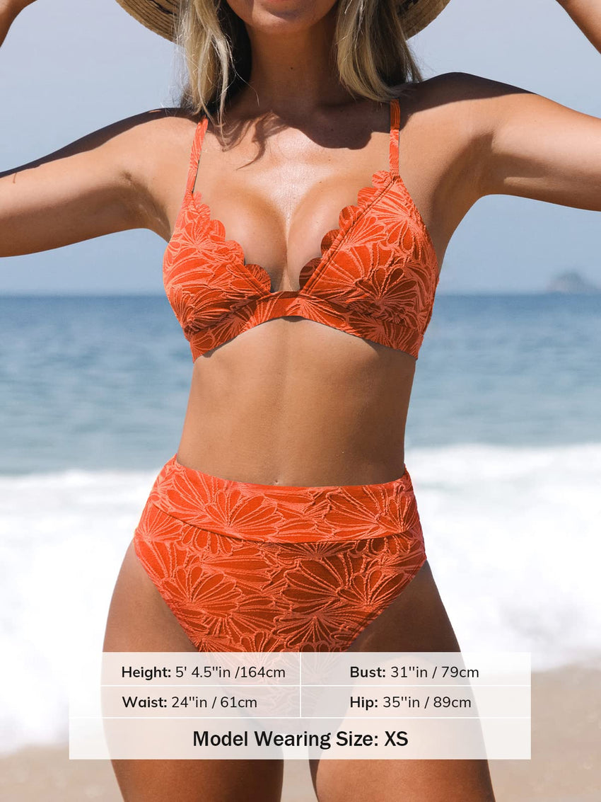 CUPSHE Bikini Set for Women Bathing Suit High Waisted Scalloped V Neck Two Pieces Swimsuit - 7DAY'S