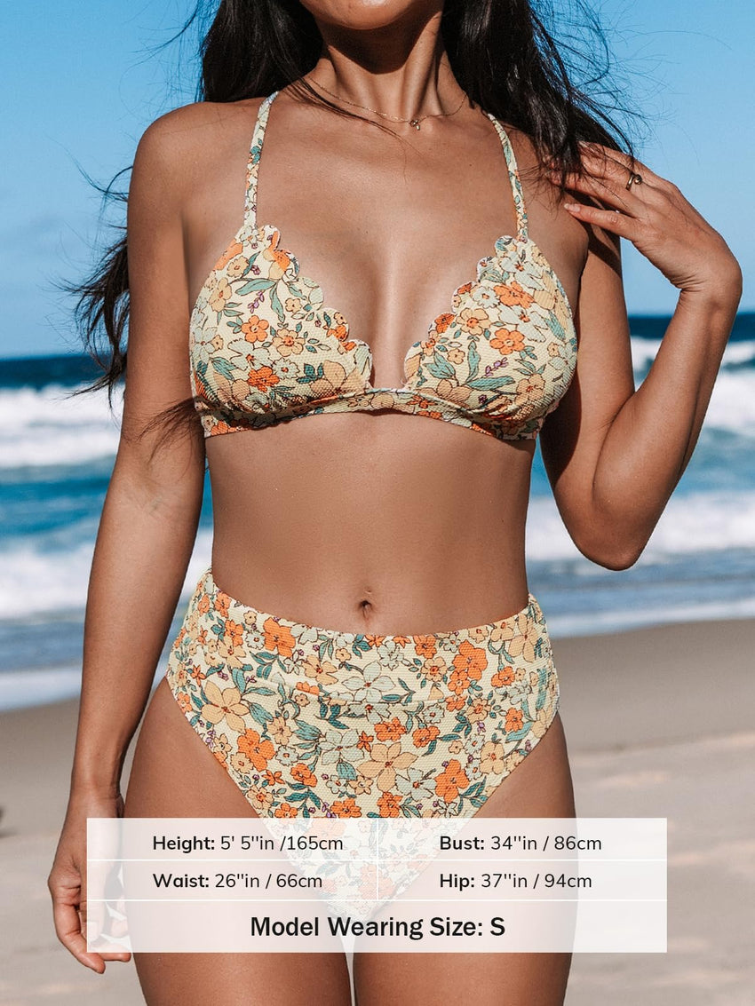 CUPSHE Bikini Set for Women Bathing Suit High Waisted Scalloped V Neck Two Pieces Swimsuit - 7DAY'S