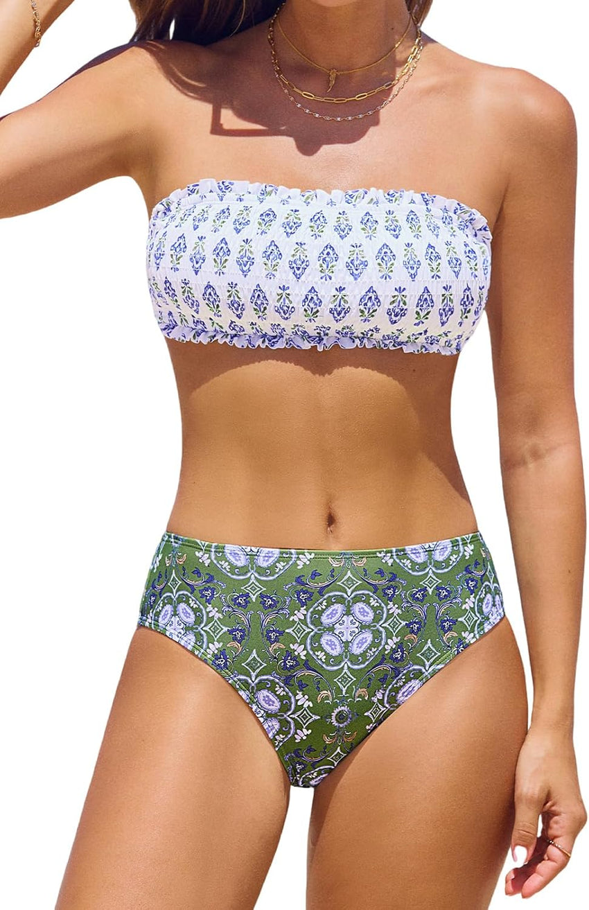 CUPSHE Bikini Set for Women Two Piece Swimsuit Bandeau Top Back Tie Mid Waisted Bottom with Removable Shoulder Straps - 7DAY'S