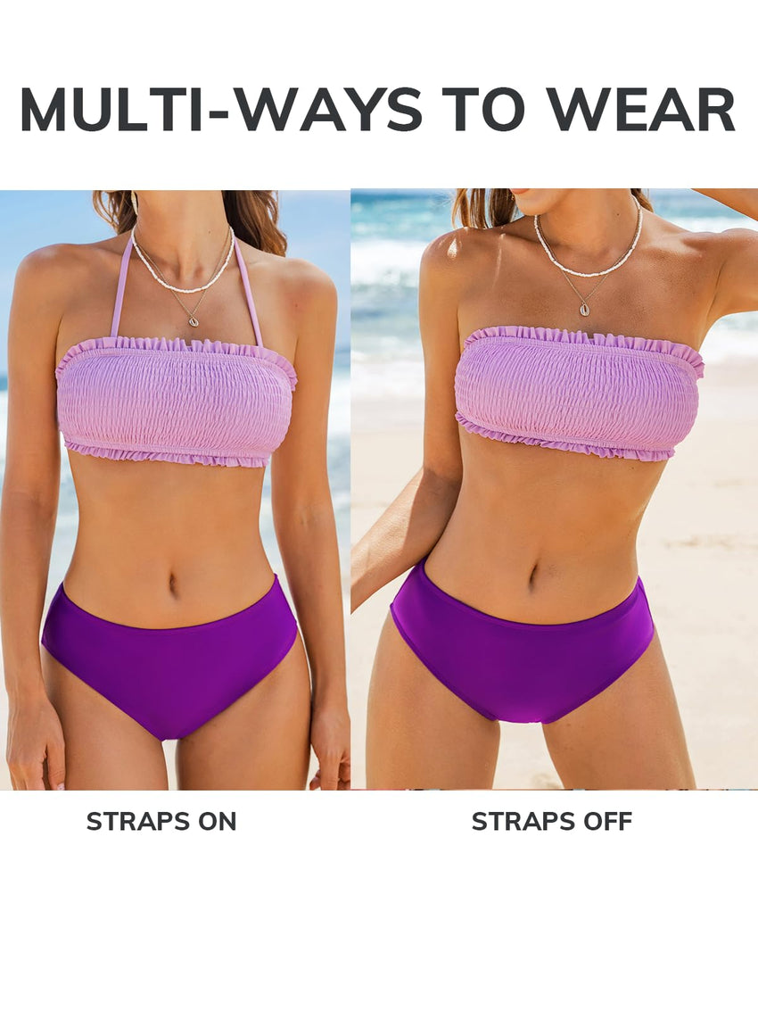 CUPSHE Bikini Set for Women Two Piece Swimsuit Bandeau Top Back Tie Mid Waisted Bottom with Removable Shoulder Straps - 7DAY'S