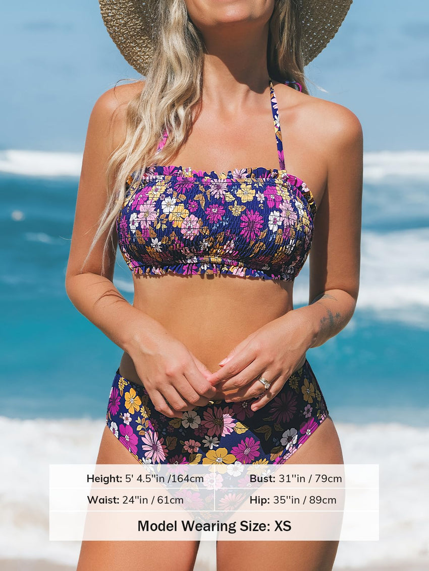 CUPSHE Bikini Set for Women Two Piece Swimsuit Bandeau Top Back Tie Mid Waisted Bottom with Removable Shoulder Straps - 7DAY'S