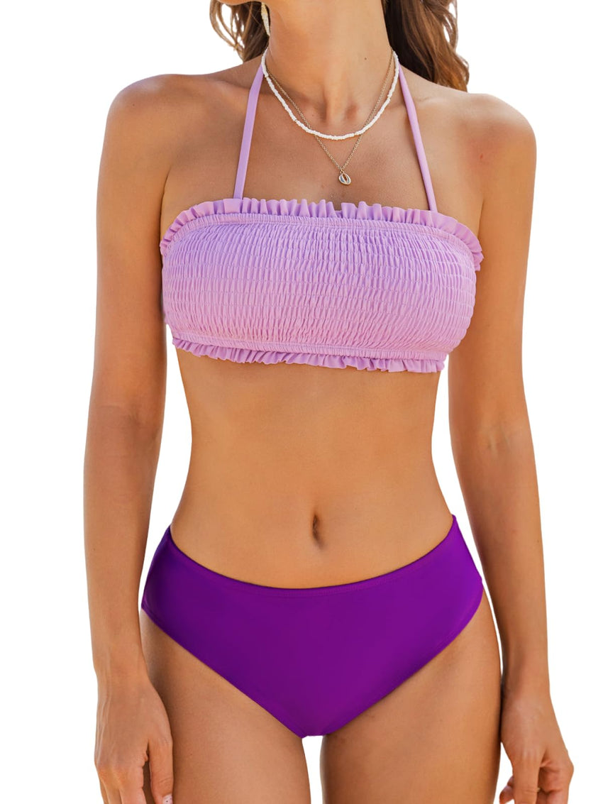 CUPSHE Bikini Set for Women Two Piece Swimsuit Bandeau Top Back Tie Mid Waisted Bottom with Removable Shoulder Straps - 7DAY'S