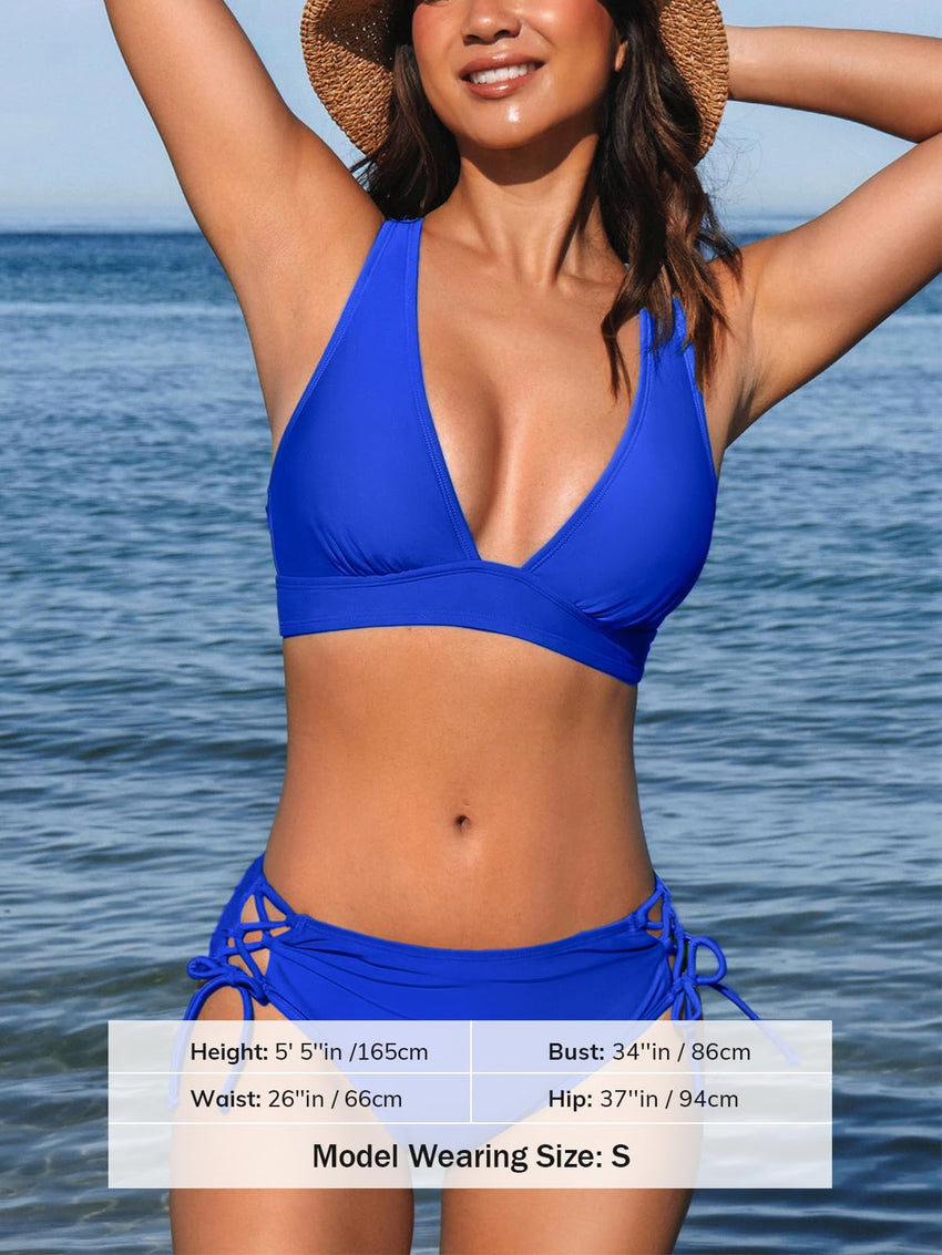 CUPSHE Bikini Set for Women Two Piece Swimsuit V Neck Triangle Top Wide Straps Cross Back Lace up Mid Rise - 7DAY'S