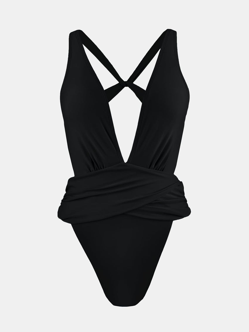 CUPSHE One Piece Swimsuit for Women Bathing Suit Cut Out Cross Back Tie Deep V Neck Ruched High Cut - 7DAY'S